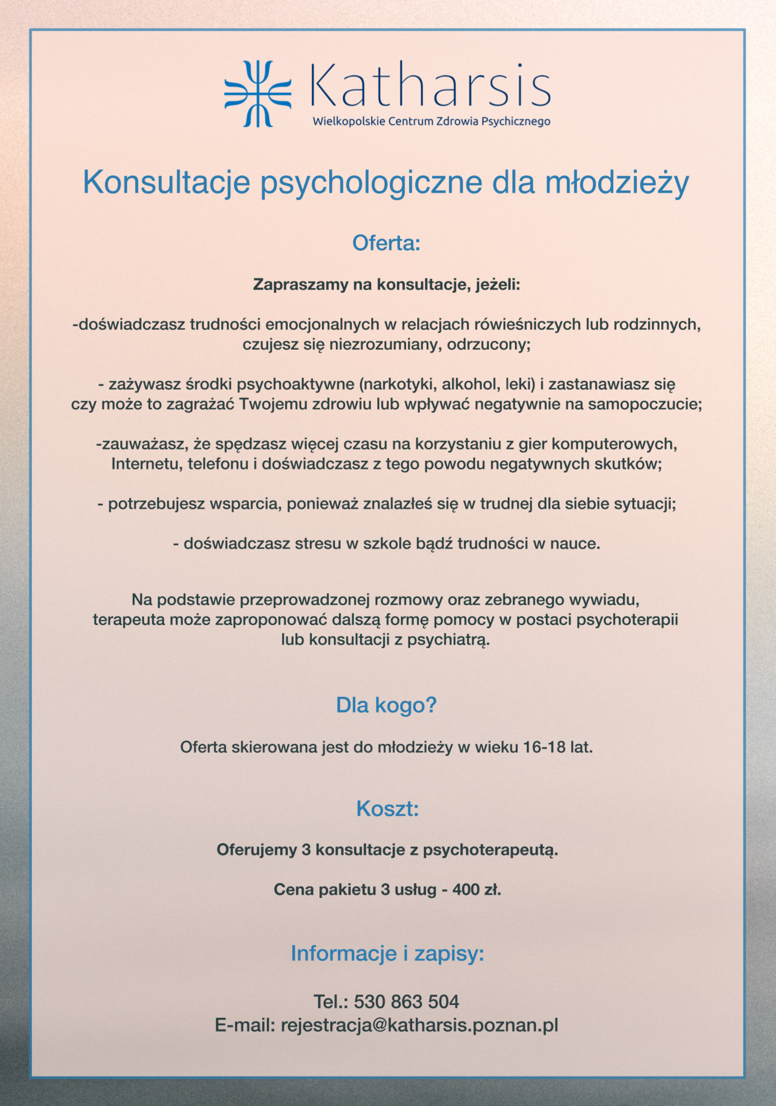 Konsultacje psychologiczne dla młodzieży i rodziców – zmiana ceny od 01.01.2022r.